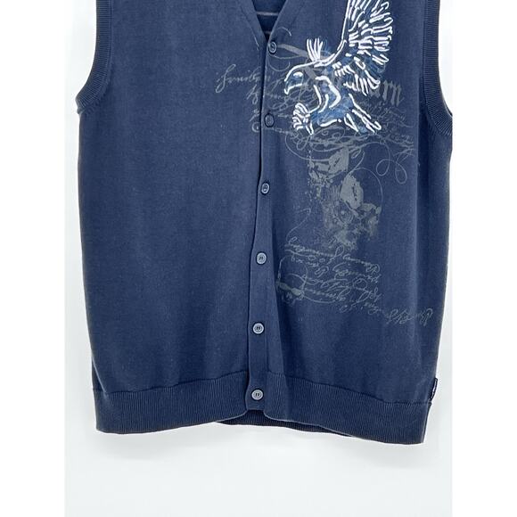 Y2K CALVIN KLEIN V-Neck Sweater Vest Adult XL Eagle Skull Graphic Print Grandpa - Picture 3 of 13